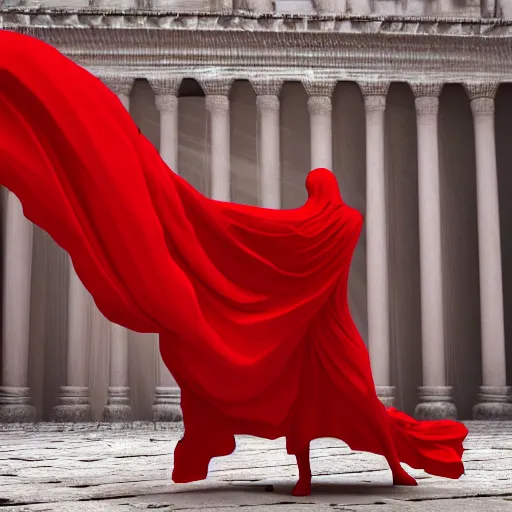 Image similar to a figure covered by red cloth that's blowing in the wind standing in a beautiful roman city, digital art, concept art, cloth simulation with houdini, octane, redshift, 8 k