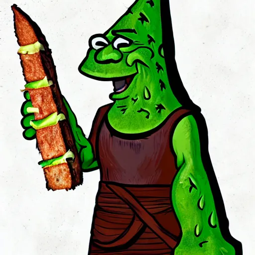 Image similar to Pyramid head shrek trying to eat a sandwich