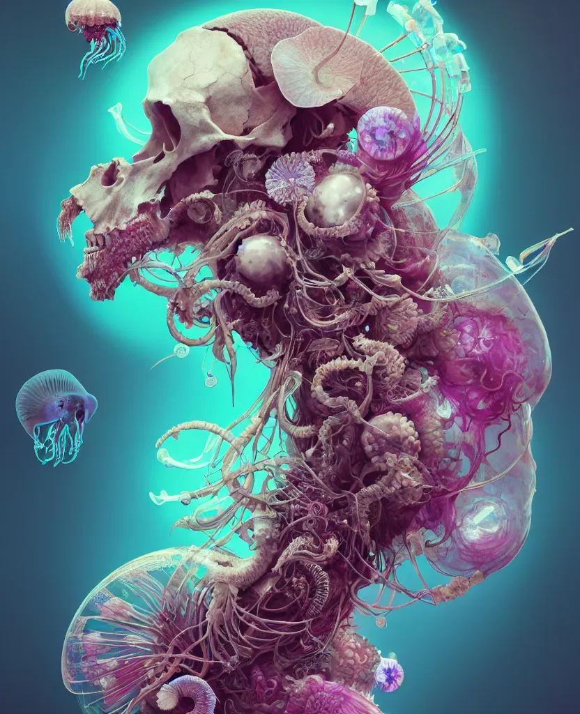 Image similar to goddess close-up portrait ram skull, thorax, x-ray, backbone, jellyfish phoenix head, nautilus, orchid, skull, betta fish, bioluminiscent creatures, intricate artwork by Tooth Wu and wlop and beeple. octane render, trending on artstation, greg rutkowski very coherent symmetrical artwork. cinematic, hyper realism, high detail, octane render, 8k