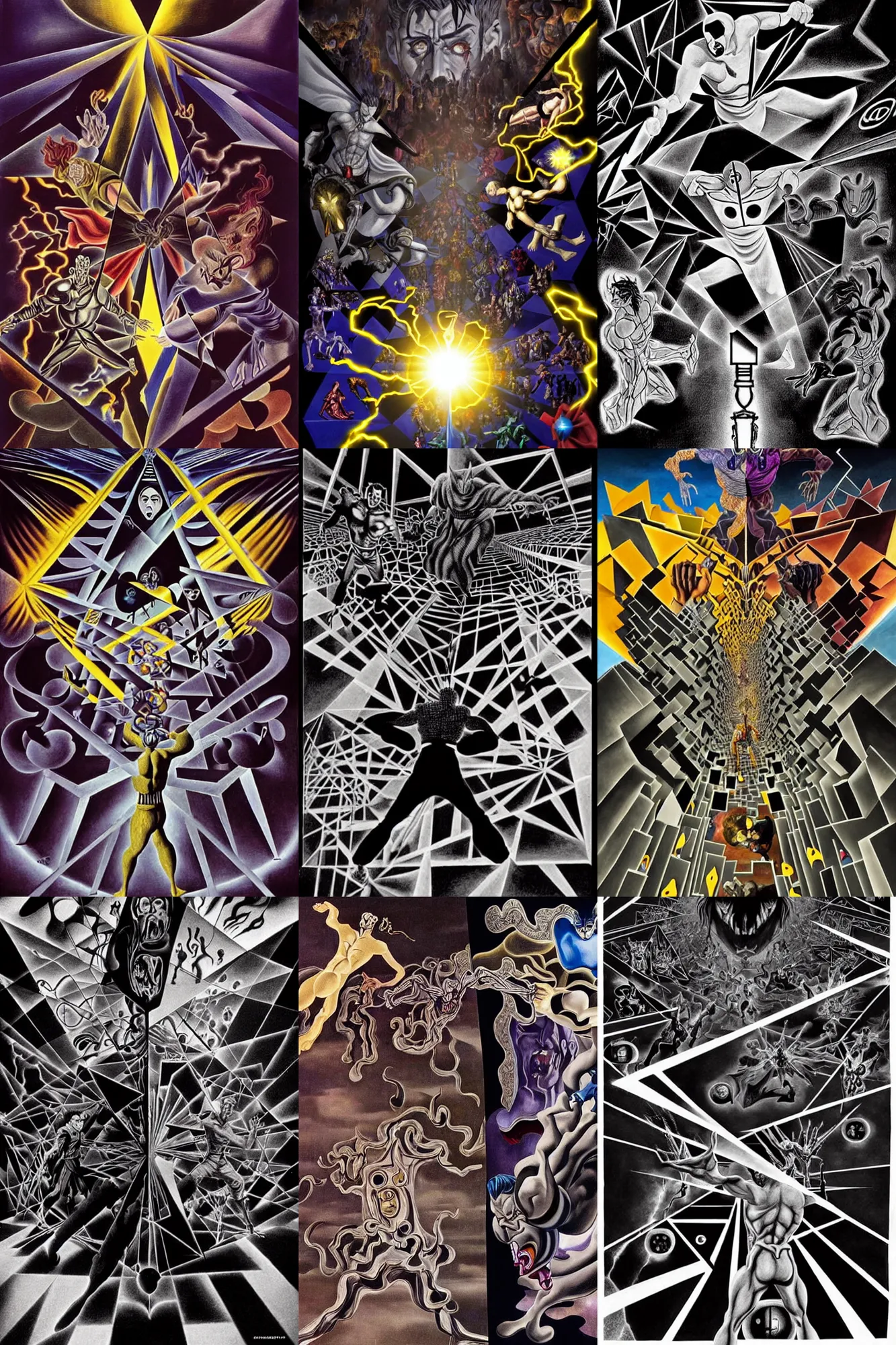 Prompt: the final fight between a crazed shadowy! figure against the king of light!!!! in the middle of the multiverse in the new movie scene!! with art direction by berinski!!, salvador dali!! and mc escher!! tesselation!