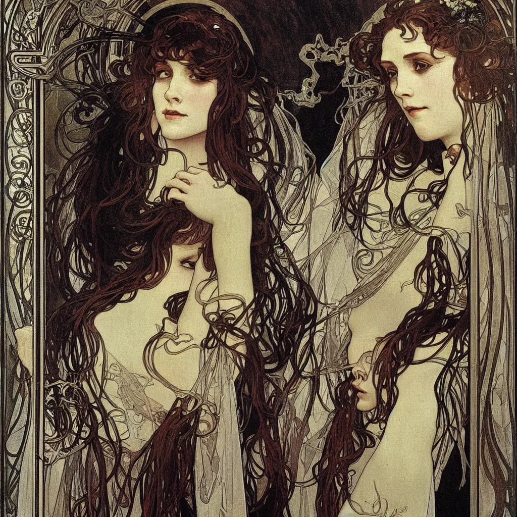 Prompt: realistic detailed portrait of a gothic bride in the mirror, god ray behind,, scary style, by alphonse mucha