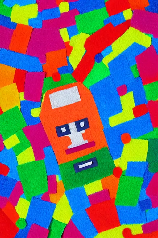 Prompt: a big pile of felt that looks like a anime robot character with colorful blocky details, pointillism