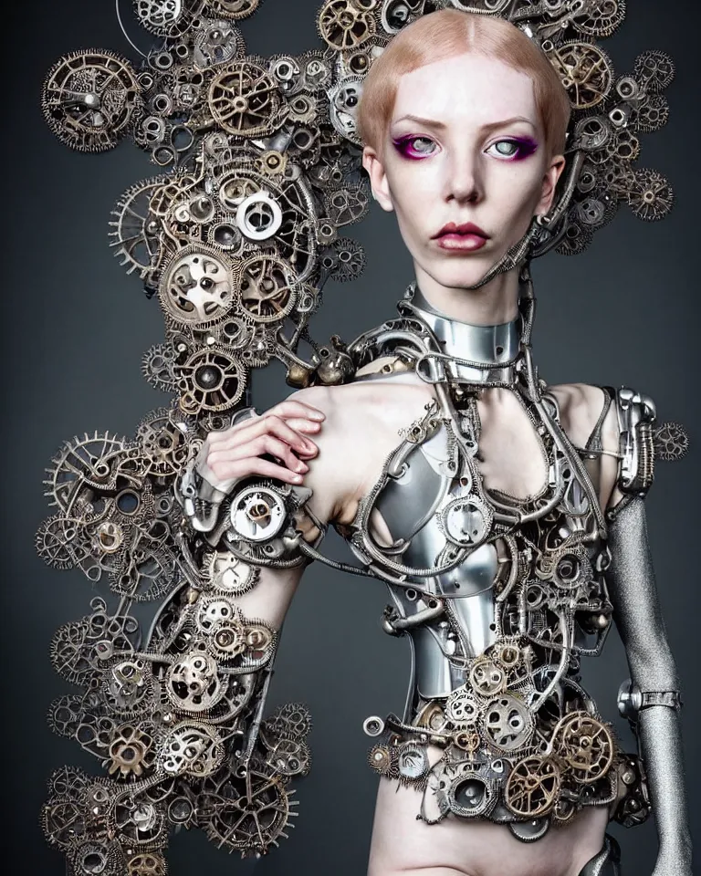 Image similar to highly detailed full body photo of a complex bio-mechanical beautiful young female cyborg with a steampunk metal fine lace face, retrofuturistic depressing hopeless horrific vibe, full shot, full body, pale skin, curled silver metallic hair and a fine metal floral foliage lace collar by Alexander McQueen:: high fashion, haute couture, rococo, steampunk, fine silver filigree details, anatomical, facial muscles, cable wires, microchip, elegant, hyper realistic, 150 mm lens, soft rim light, octane render, unreal engine, volumetric lighting, 8k, muted reflective metallic coloring, sharp focus