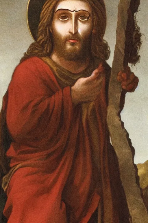 Image similar to jesus christ wearing a blinfold, peeking over blinfold with one eye, staring