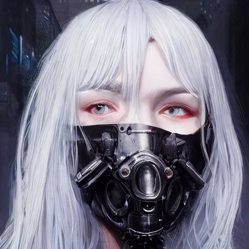 Image similar to very cool girl white hair girl with mask, streetwear, techwear, cyberpunk style outfit, full body, nose piercing, detailed portrait, intricate complexity, by greg rutkowski, cushart krentz, artgerm, ross tran, conrad roset, takato yomamoto, ilya kuvshinov. 4 k, beautiful, cinematic dramatic atmosphere, portrait lighting