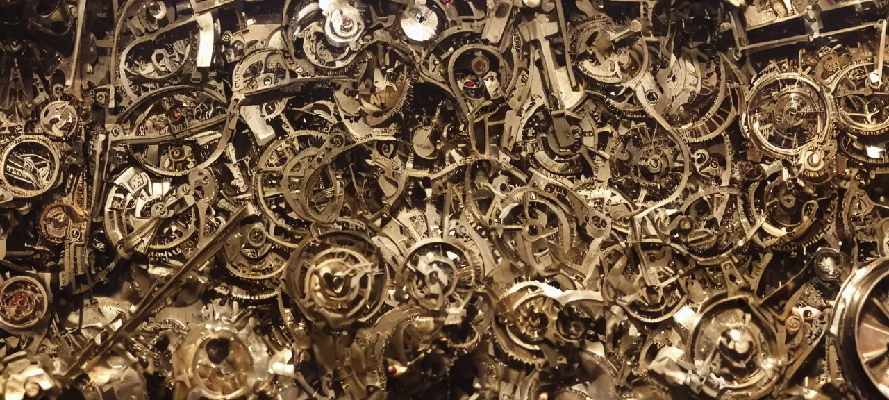 Prompt: A wide view into a Middle Ages Exhibition full of thousands of different detail old mechanical watches mechanisms, huge room of a old museum