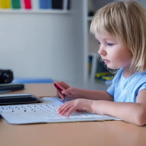 Image similar to a blonde toddler child baby girl working CAD computer drafting, civil engineer, sitting at a desk