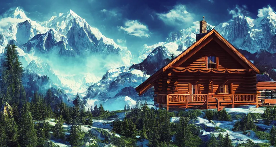 Image similar to log cabin beneath the alps, vaporwave aesthetic, matte painting 4 k