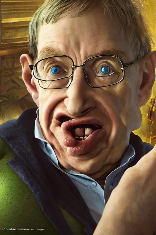 Image similar to photorealistic portrait photograph of stephen hawking as shrek, upper body, handsome, depth of field, soft focus, highly detailed, intricate, realistic, national geographic cover, soft glow, textured, artstation, concept art, sharp focus, illustration, art by artgerm and greg rutkowski and alphonse mucha