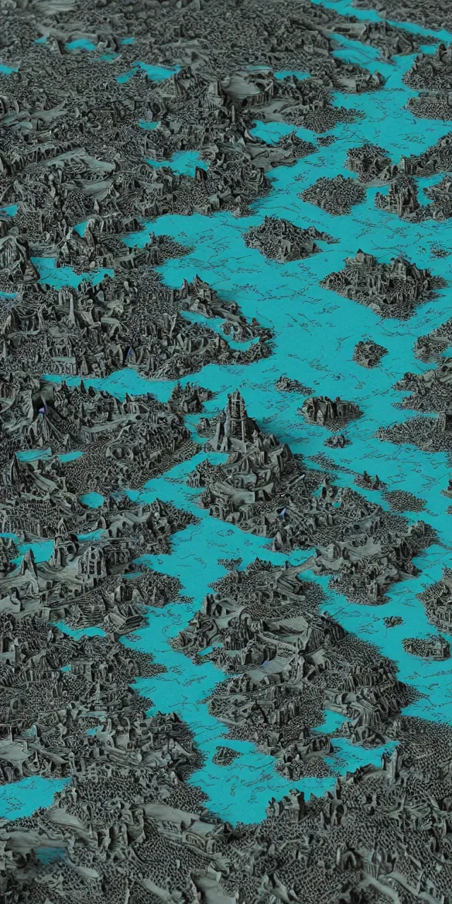 Image similar to an exquisite metallic 3 d map of a lost city of castles, black and teal, intricate, highly detailed, epic, marginalia, unreal engine