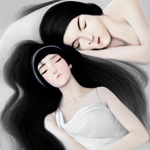 Image similar to little girl with an long black hair dressed in a simple white dress sleeping, anime art style, digital art ilya kuvshinov, inspired by balthus, hd, 4 k, hyper detailed, top view, dark