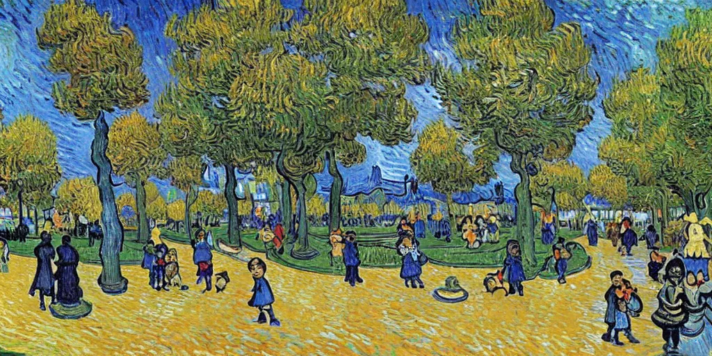 Image similar to highly detailed beautiful happy park, with childrens, by Van Gogh