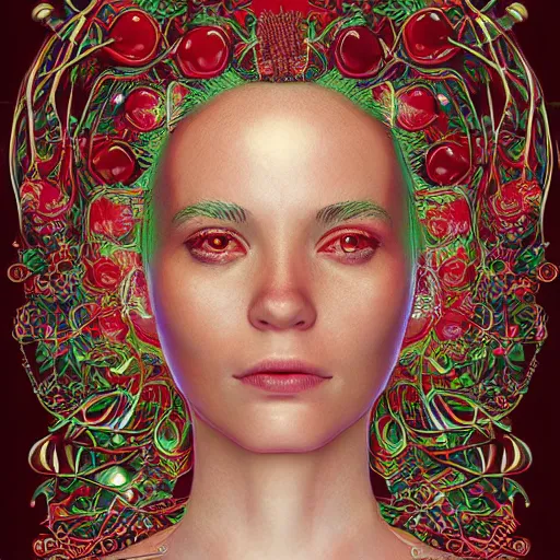 Image similar to the portrait of an incredibly beautiful woman partially made of onions and cherries, an ultrafine detailed illustration by james jean, final fantasy, intricate linework, bright colors, behance contest winner, vanitas, angular, altermodern, unreal engine 5 highly rendered, global illumination, radiant light, detailed and intricate environment