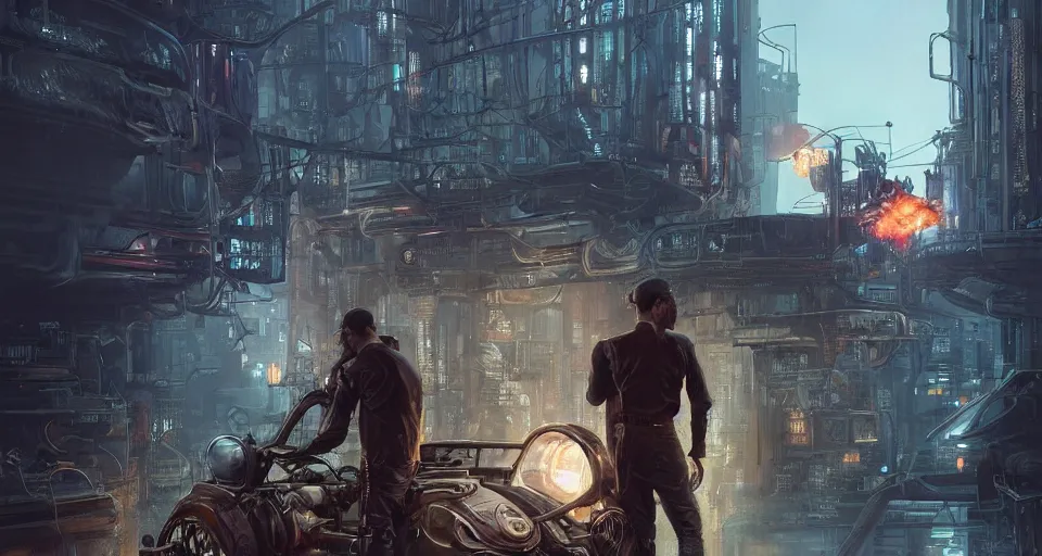 Image similar to a highly detailed epic cinematic concept art CG render digital painting artwork scene: a man kept alive by a smoking combustion engine. retrofuturistic 1920s cyberpunk steampunk. By Greg Rutkowski, Ilya Kuvshinov, WLOP, Stanley Artgerm Lau, Ruan Jia and Fenghua Zhong, trending on ArtStation, made in Maya, Blender and Photoshop, octane render, excellent composition, cinematic dystopian brutalist atmosphere, dynamic dramatic cinematic lighting, aesthetic, very inspirational, arthouse