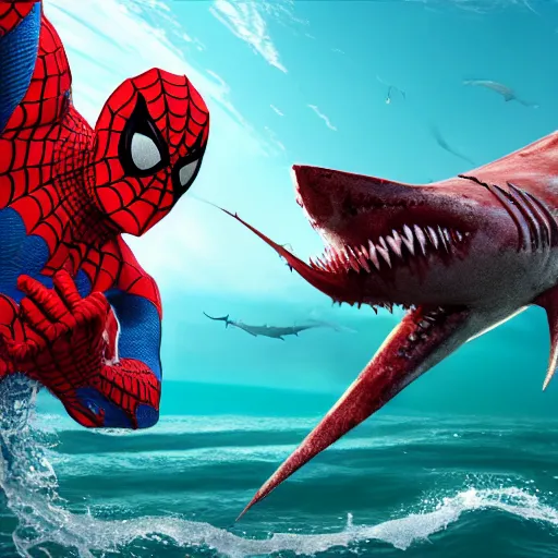 Image similar to a portrait of Spiderman punching a shark on the snout in the middle of the ocean, 8k, ultrarealistic, trending on artstation, ultradetailed, octane render,