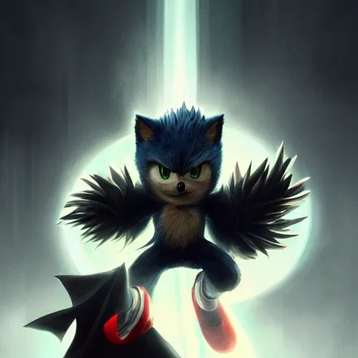 Image similar to portrait of sonic the hedgehog in a black cloak, glowing eyes, detailed face, highly detailed, cinematic lighting, digital art painting by greg rutkowski.