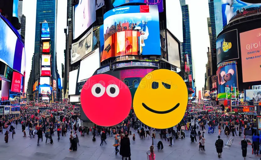 Image similar to a 2d sad emoji stock photo in Times Square, photograph