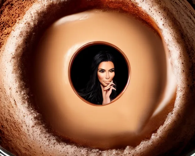 Image similar to Kim Kardashian living inside a giant cup of coffee, cinematic, highly detailed, HD, 4K, professional image, professional lighting