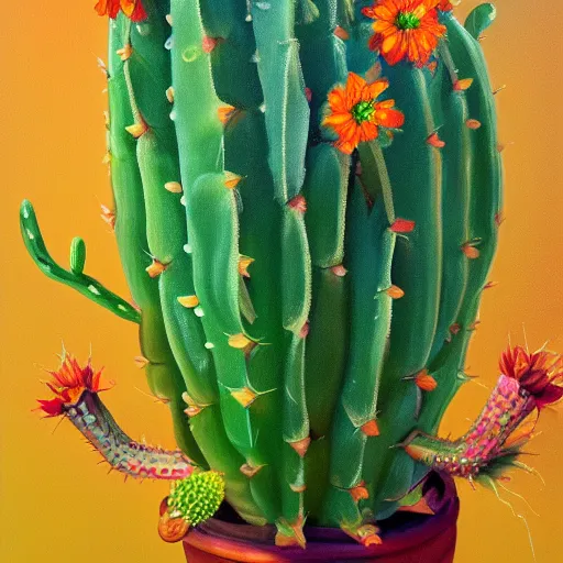 Image similar to Extremely detailed portrait of a cactus, flower is blossoming, mice running around, Oil on canvas, Vivid colors, artstation