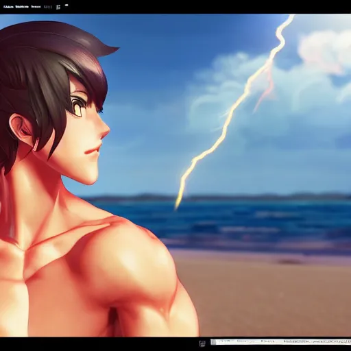 Image similar to Handsome Anime man on the beach, cinematic lightning, medium shot, mid-shot, highly detailed, trending on artstation, Unreal Engine 4k,