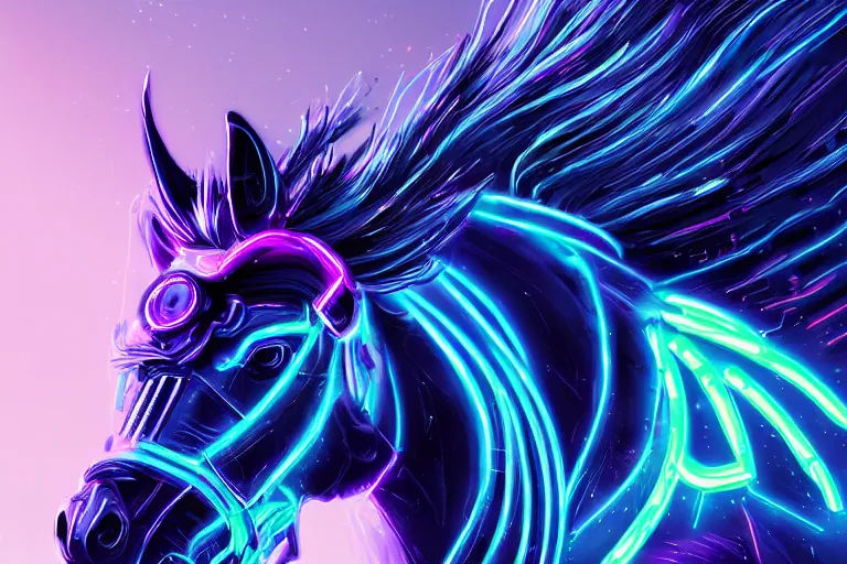 Image similar to a stunning cyberpunk horse with bioluminescent mane and tail by sandra chevrier and greg rutkowski, neon hooves, purple blue color scheme, vaporware, retro, outrun, high key lighting, volumetric light, digital art, highly detailed, fine detail, intricate, ornate, complex, octane render, unreal engine, photorealistic