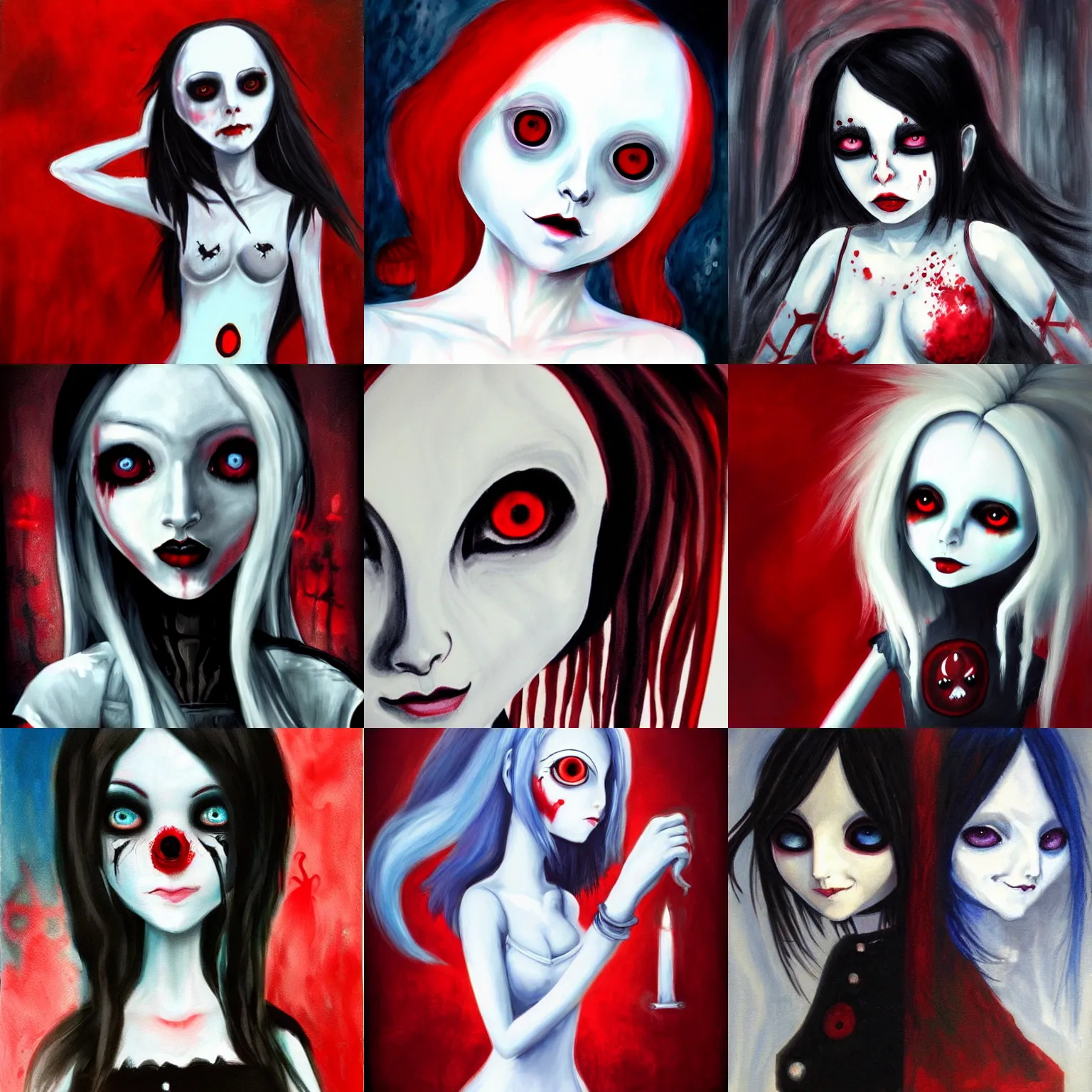 Prompt: painting of a ghost girl red eyes short white hair in the style of alice madness returns