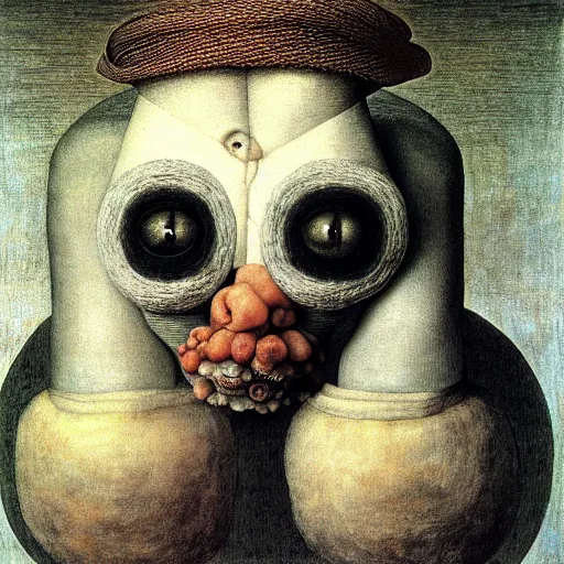 Image similar to portrait photo of a wool sock with giant eyes, face made from unfulfilled dreams, extremely high details, realistic, by Giuseppe Arcimboldo, Rene Margitte, MC Escher