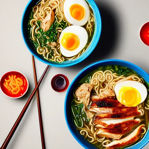 Image similar to A delicious ramen with chicken, eggs, and veggies, photorealistic imagery, 35mm photography, 4k, 8k