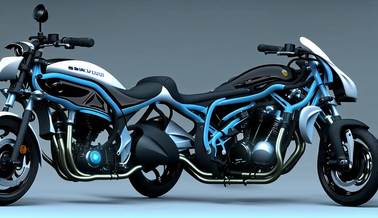 Image similar to futuristic version of suzuki bandit bike, high detail design, volumetric lighting, from new movie by digital domain and weta digital, strong ambient occlusion