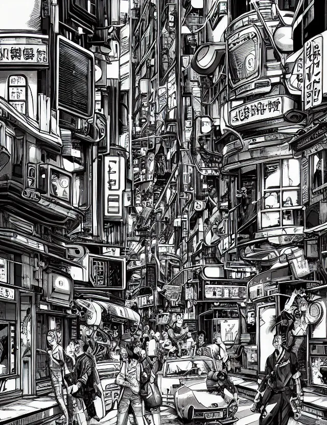 Image similar to a detailed manga illustration of a retro sci - fi city street on an alien world, trending on artstation, digital art, 4 k resolution, detailed, high quality, sharp focus, hq artwork, coherent, insane detail, character portrait