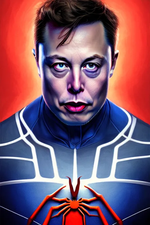 Image similar to elon musk as a blue suit spider man, realistic portrait, symmetrical, highly detailed, digital painting, artstation, concept art, smooth, sharp focus, illustration, cinematic lighting, art by artgerm and greg rutkowski and alphonse mucha