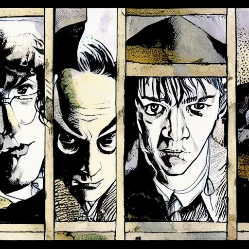 Image similar to in one frame Harry Potter in The Sandman comic, by Neil Gaiman, by Dave McKean, comics Sandman, small details, whole-length, clear faces, high detail