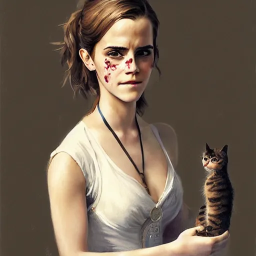 Prompt: detailed painting of emma watson wearing a cat maid outfit, 8 k, by greg rutkowski, artgerm, global illumination