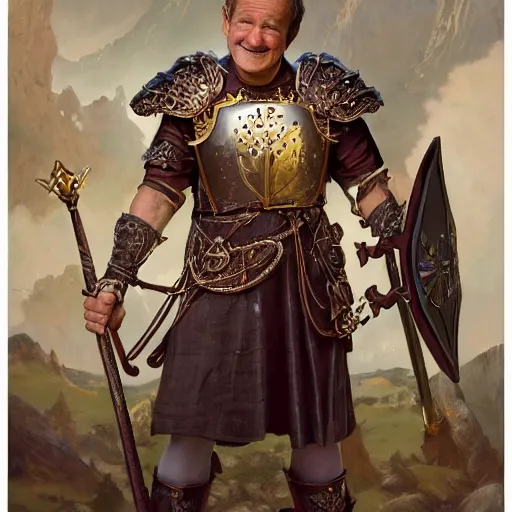 Prompt: an ultradetailed portrait of robin williams dressed as a fantasy holy paladin, carrying a large tower shield, d & d, fantasy, intricate, elegant, highly detailed, digital painting, matte, sharp focus, illustration, plate armor, god rays, art by john collier and albert aublet and krenz cushart and artem demura and alphonse mucha