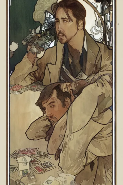 Image similar to watercolor illustration of nicolas cage playing poker in korea, by alphonse mucha, highly detailed, digital illustration, trending in artstation, modern painting, smooth, sharp focus, intricate