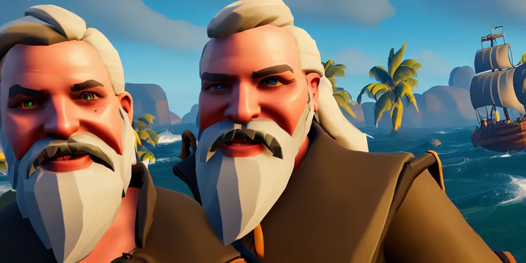 Image similar to selfie of a sea of thieves character with white beard, white hair, eye patch, sea of thieves screenshot, storm, unreal engine, digital art,