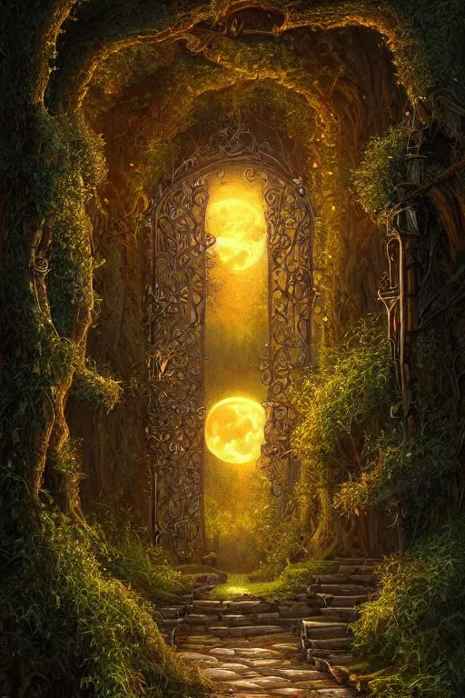 Prompt: a beautiful digital illustration painting of a detailed gothic fantasy fireflies forest trees and iron gate cobblestone pathway vines full moon by justin gerard, james gurney, 8 k resolution trending on artstation concept art digital illustration