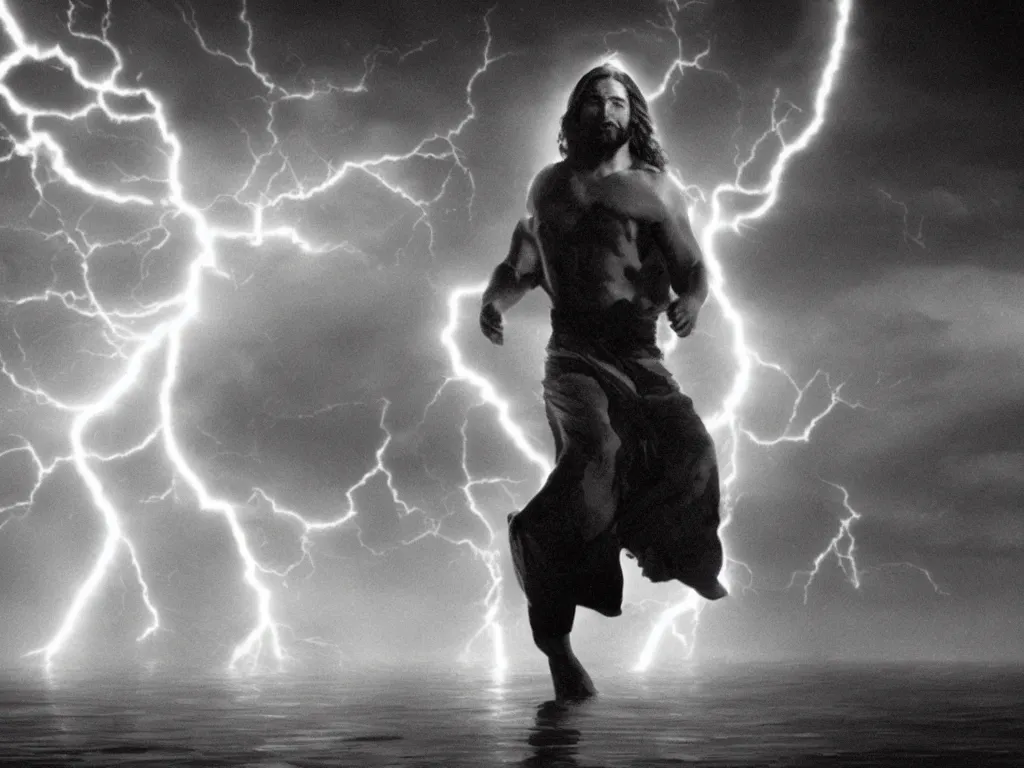 Prompt: jesus floating above the water shooting lightning out of his hands, sin city, full shot, graphic novel, symmetrical, frontal,