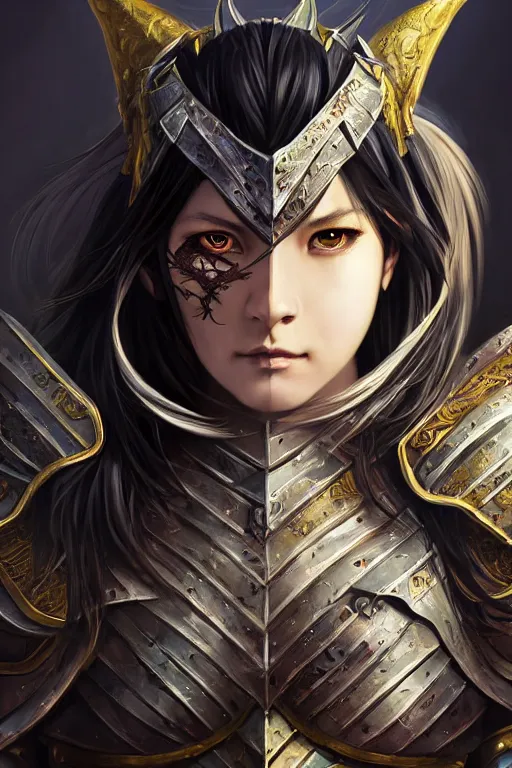 Image similar to A realistic anime portrait of a beautiful dark haired female orc knight wearing an intricate dragon plated armor, digital painting, by Stanley Artgerm Lau, Sakimichan, WLOP and Rossdraws, digital painting, painterly, Pixiv, Deviantart, golden ratio, rule of thirds, good composition, HD, 8k, award winning, promo art, splash art, rpg, jrpg, dungeons and dragons, DND, trending on ArtStation