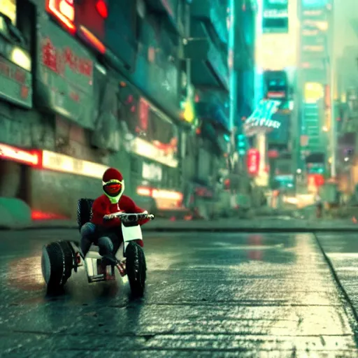 Image similar to spawn riding a tricycle in a neotokyo street, cyberpunk, movie still, 4 k