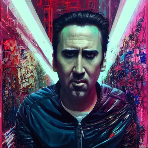 Prompt: beautiful portrait of Nic Cage cyberpunk by Tristan Eaton and Stanley Artgerm and Tom Bagshaw, Greg Rutkowski Carne_Griffiths