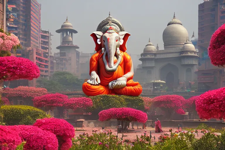 Image similar to beautiful futuristic new delhi, sharp sci - fi ganesha!! building, kalighat flowers, highly detailed cinematic, stephen shore & john j. park, soft morning light, wide shot, high angle, uhd 8 k, shallow depth of field