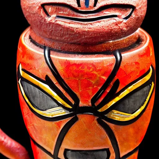 Image similar to a closeup photorealistic photograph of a spider man style tiki mug on a trader vic's bar featuring the face of spider man. tiki theme. bright scene. fine detail. this 4 k hd image is trending on artstation, featured on behance, well - rendered, extra crisp, features intricate detail, epic composition and the style of unreal engine.