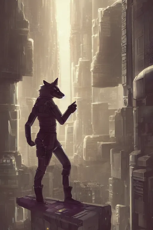 Prompt: a cyberpunk anthropomorphic fox with a fluffy tail staring over a futuristic city from the top of a roof, comic art, trending on furaffinity, cyberpunk, backlighting, cartoon, by kawacy, anime!!!