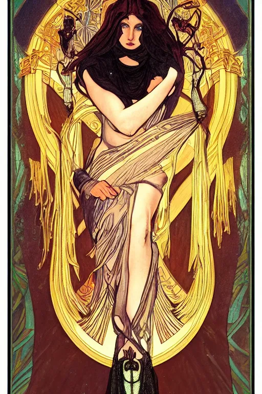 Prompt: a dramatic ethereal epic symmetrical painting of a Black Widow | tarot card, art deco, art nouveau, realistic | by Dresden Codak, by Mark Maggiori and ((((Alphonse Mucha))) | trending on artstation