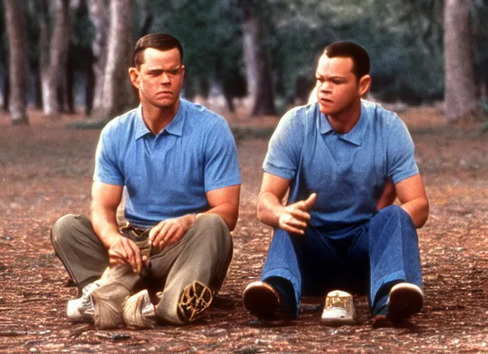 Image similar to film still of matt damon as forrest gump in forrest gump, 4 k