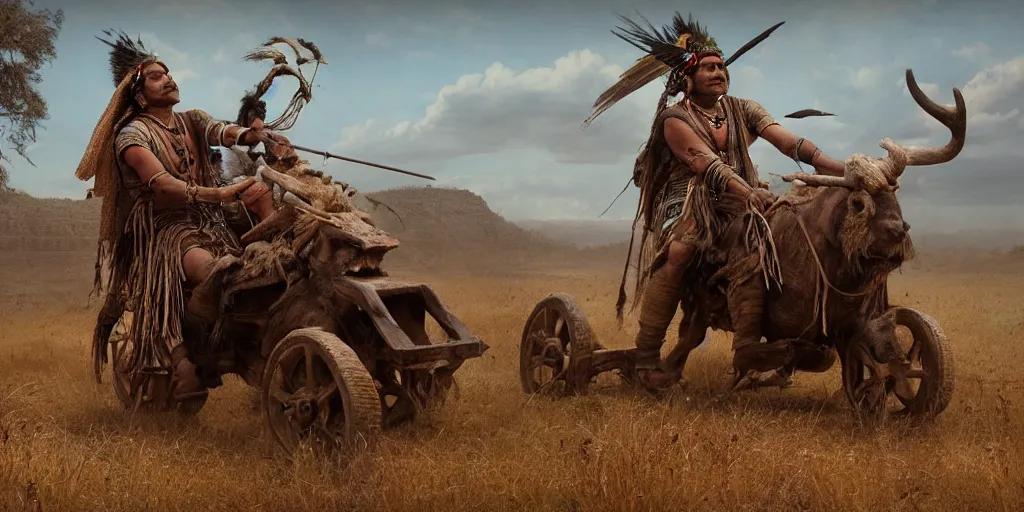 Image similar to photorealistic photo of an ancient indian tribesman on ancient atv with big wooden wheels, hunting panicked buffalo herd ,attacking, wild chase, action scene, an epic fantasy, dramatic lighting, cinematic, establishing shot, extremely high detail, photorealistic, cinematic lighting, artstation, octane render, by simon stalenhag, horizon forbidden west,old photo, high speed photography, vintage, extreme sports