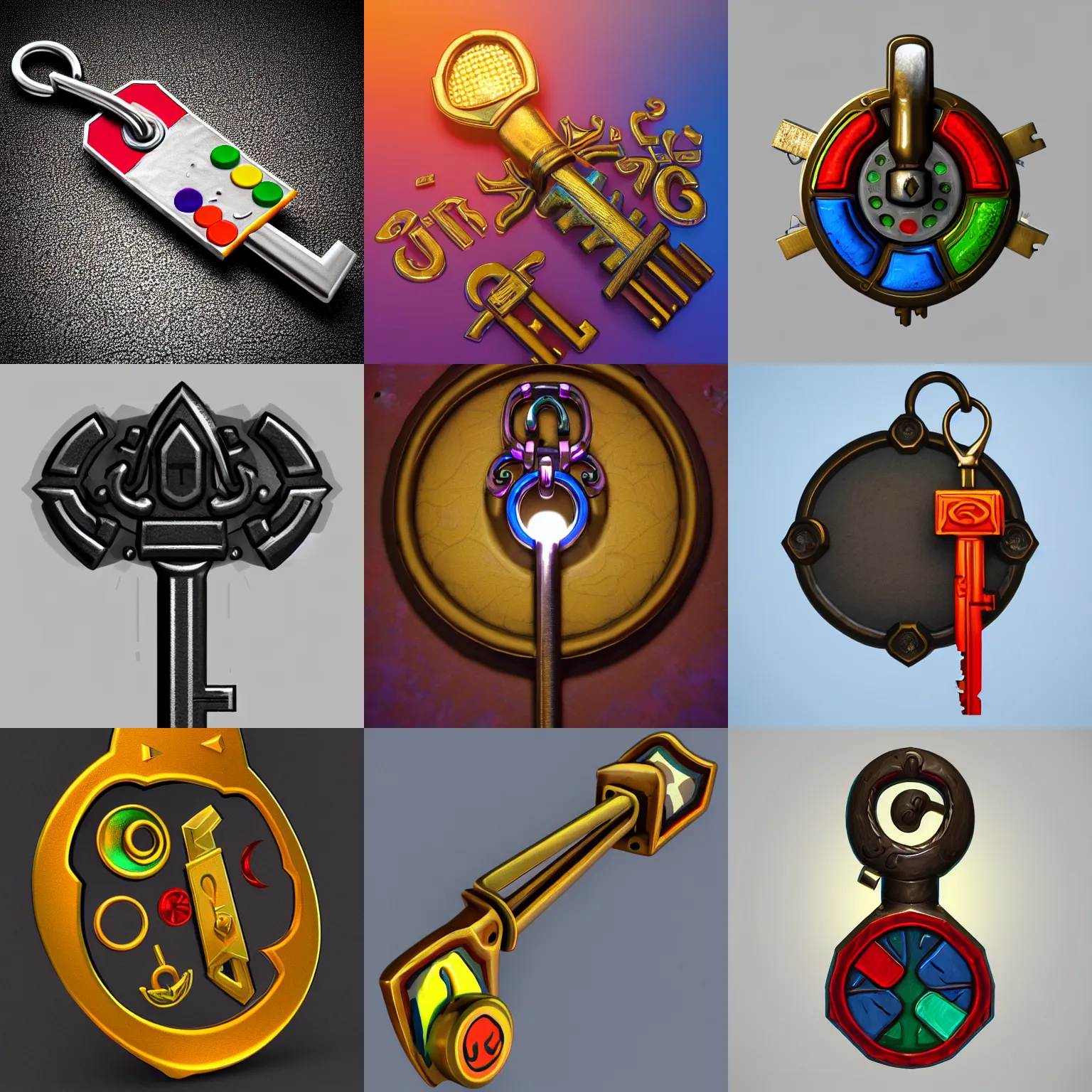 Image similar to a stylised colorful metal key, key is on the center, rpg game inventory item, rim light, outer glow, on the white background, high poly vray, stylised textures, trending on artstation