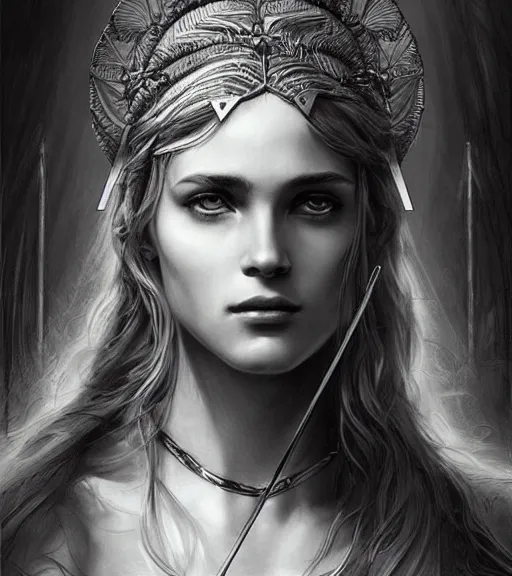 Image similar to beautiful aphrodite goddess wearing an arrow on her head, realistic face, beautiful eyes, black and white drawing, in the style of greg rutkowski, fantasy, amazing detail, epic, intricate, elegant, smooth, sharp focus