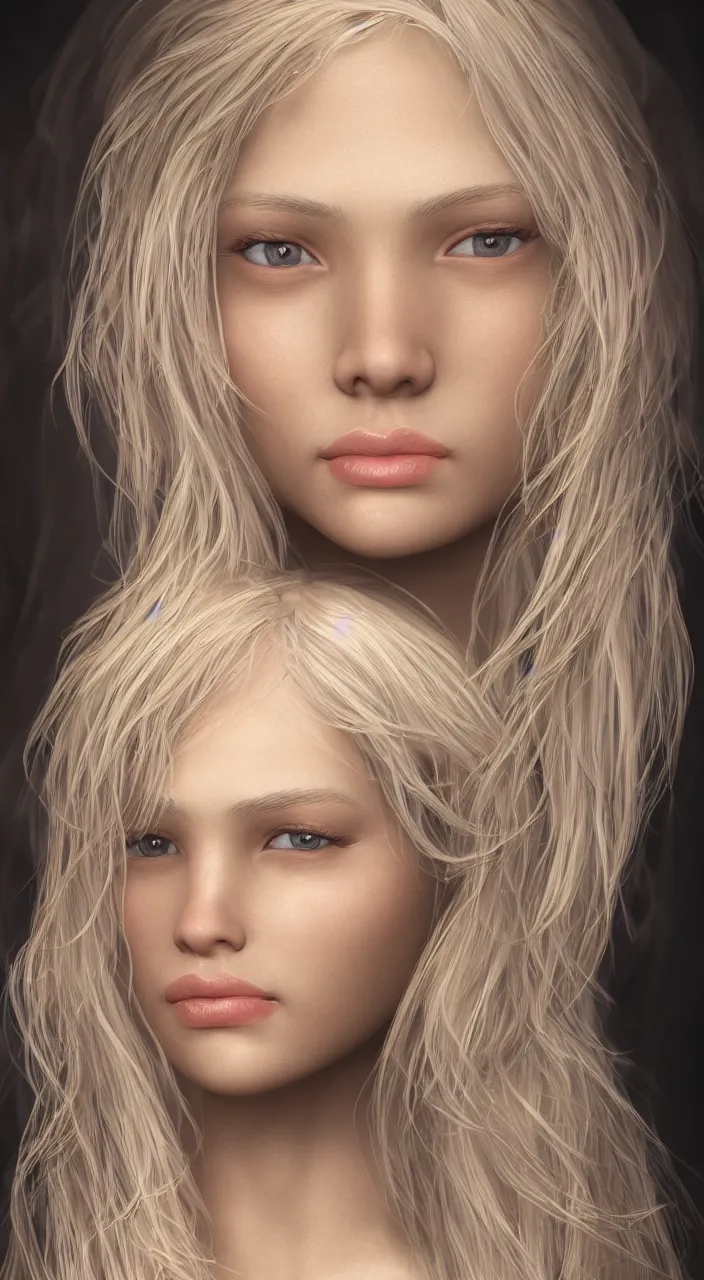 Image similar to a beautiful portrait of a blonde haired with intricate details, correct anatomy. her eyes are bright blue and slightly closed, her nose is soft and downturned. volumetric lights, 8 k, intricate detail, anatomically correct, soft lighting, sheer, trending on artstation, deviantart